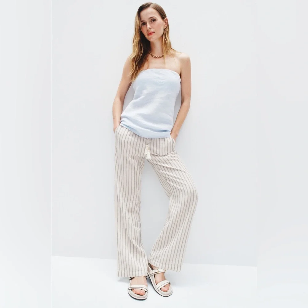 Ellen Tracy Linen Stripe Wide Leg Pants Women's Small White w/ Black pinstripes - Picture 1 of 15